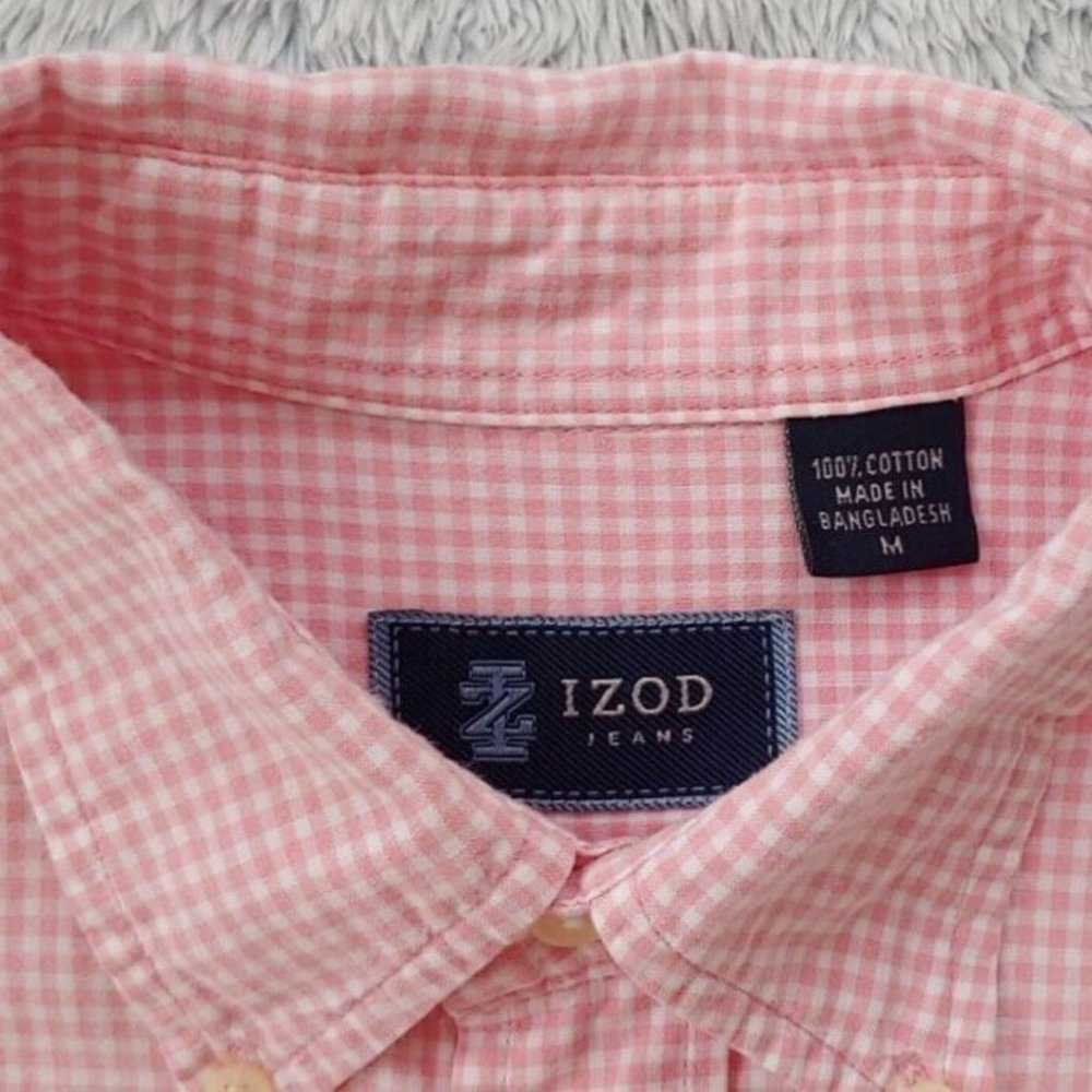 Izod MEDIUM Bundle of 2 Button Up Short Sleeve Men Pink Shirts Striped & Plaid - Picture 8 of 12